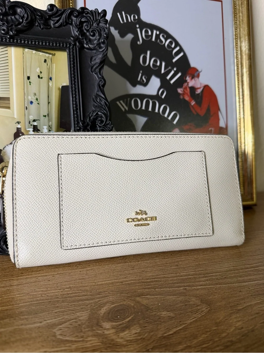 Coach Cream Zip-Around Leather Wallet with Gold Logo